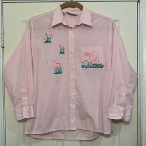 Mili Designs Pink Gingham Embroidered Flamingos Sz Lg Blouse.            3152-B4